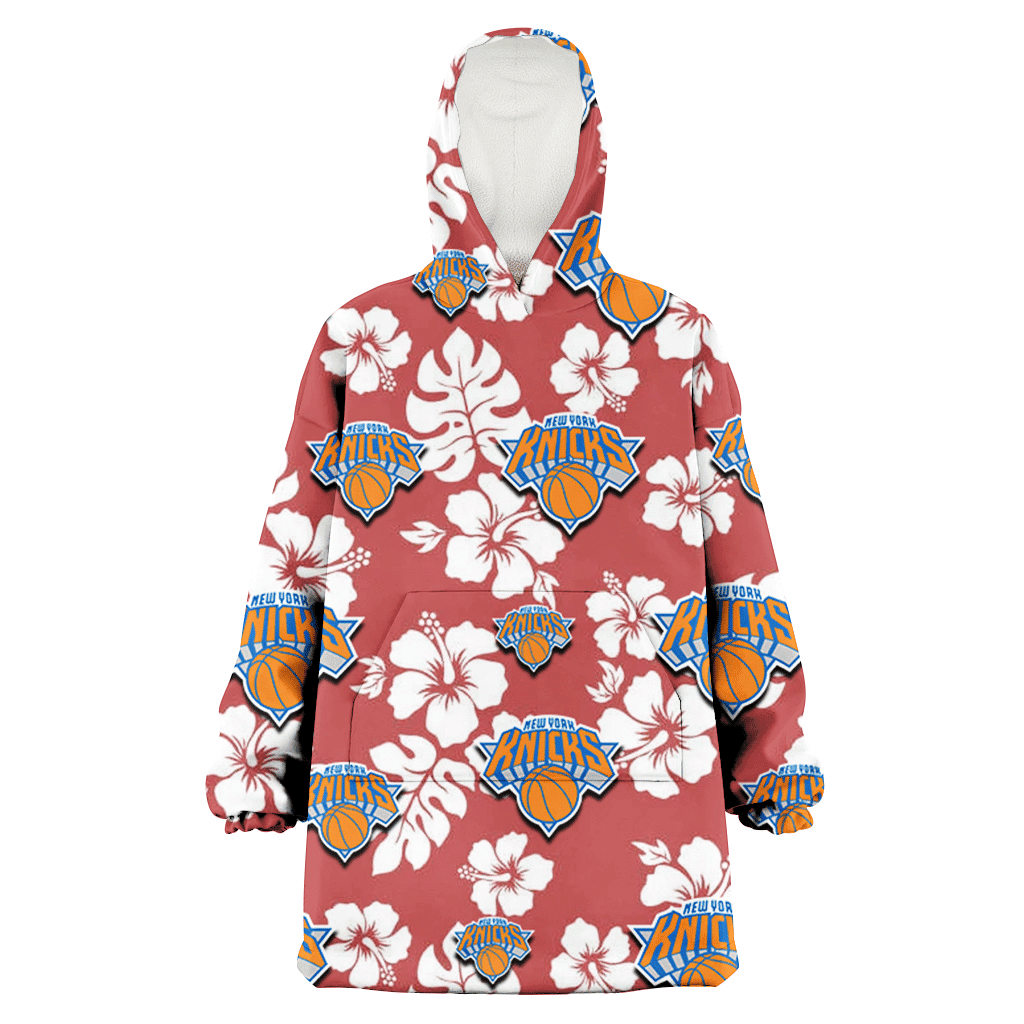 New York Knicks White Hibiscus Indian Red Background 3D Printed Hoodie Blanket Snug Hoodie