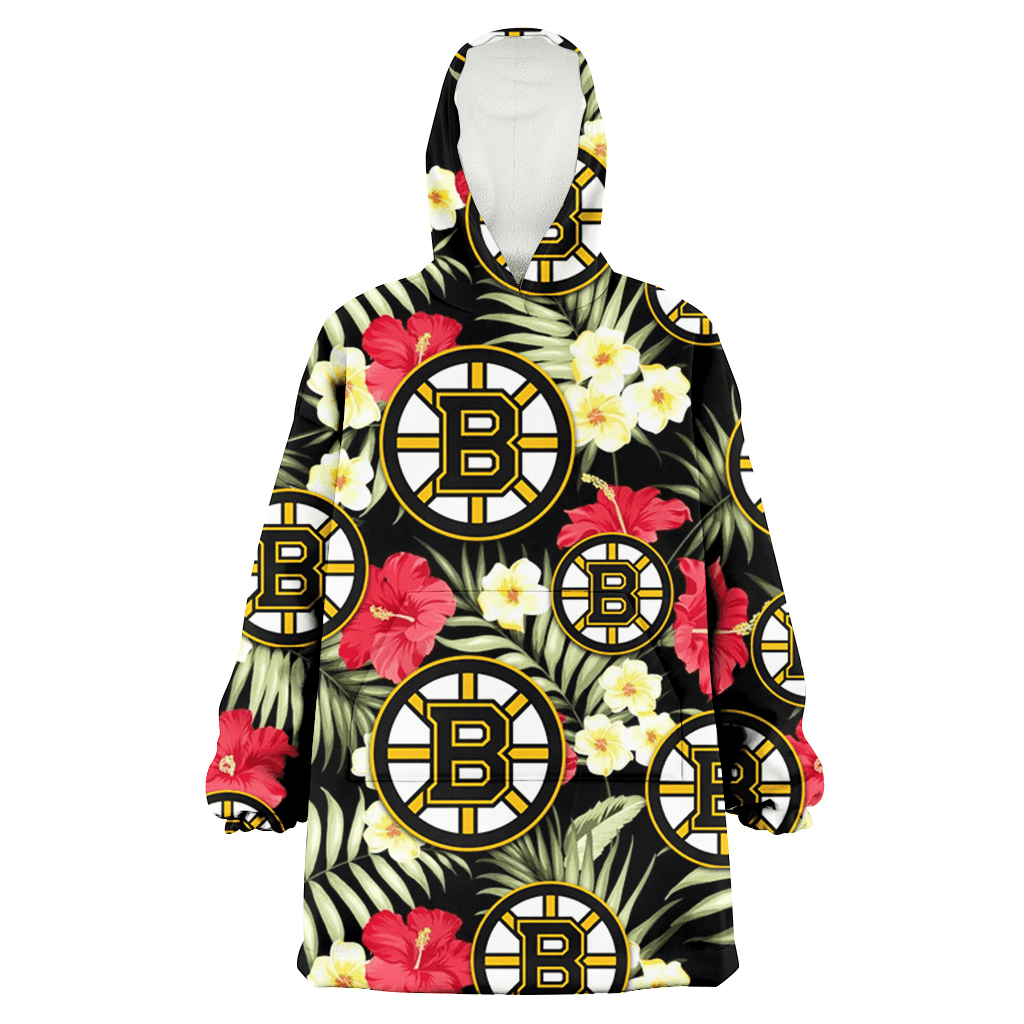 Boston Bruins Red Hibiscus Yellow Porcelain Flower Black Background 3D Printed Hoodie Blanket Snug Hoodie