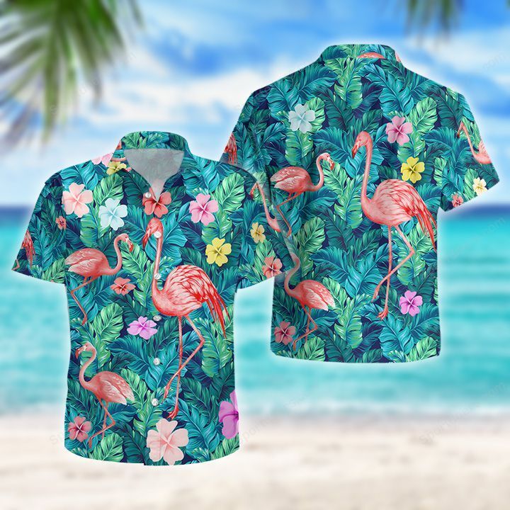 Flamingo – Green Tropical Hawaiian Shirt, Summer Gift, Hawaiian Shirts For Men, Aloha Beach Shirt