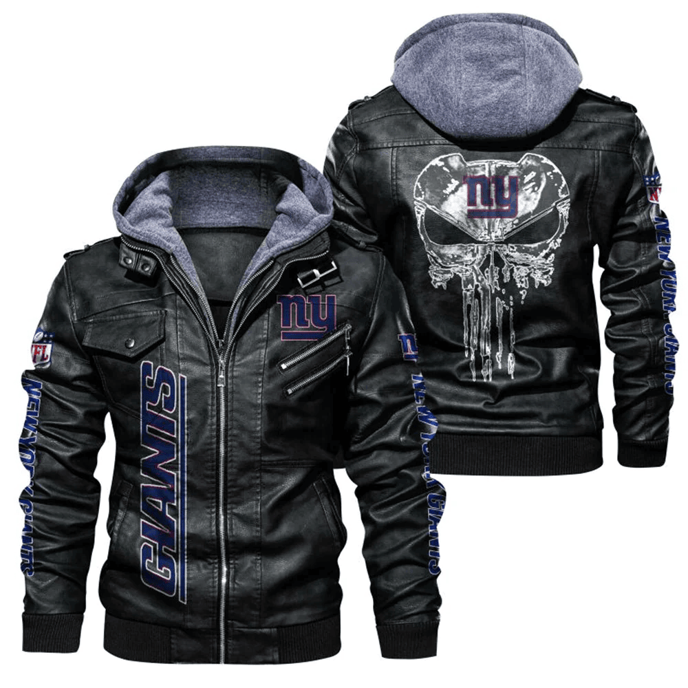 New York Giants Skull Zip Leather Jacket With Hood