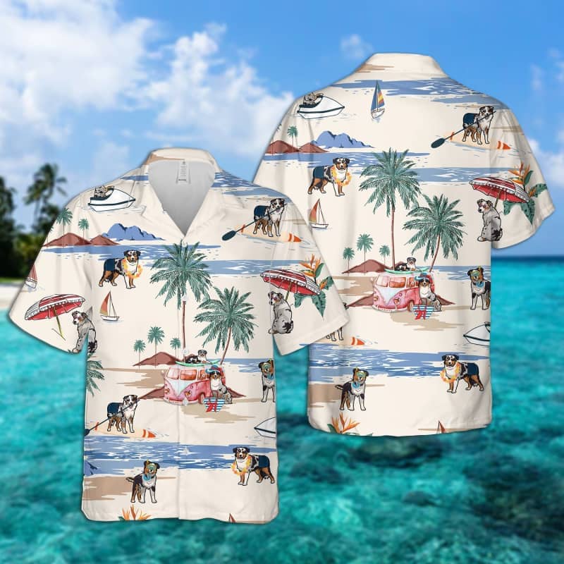 English Shepherd Summer Beach Hawaiian Shirt, Dog Beach Short Sleeve Hawaiian Shirt