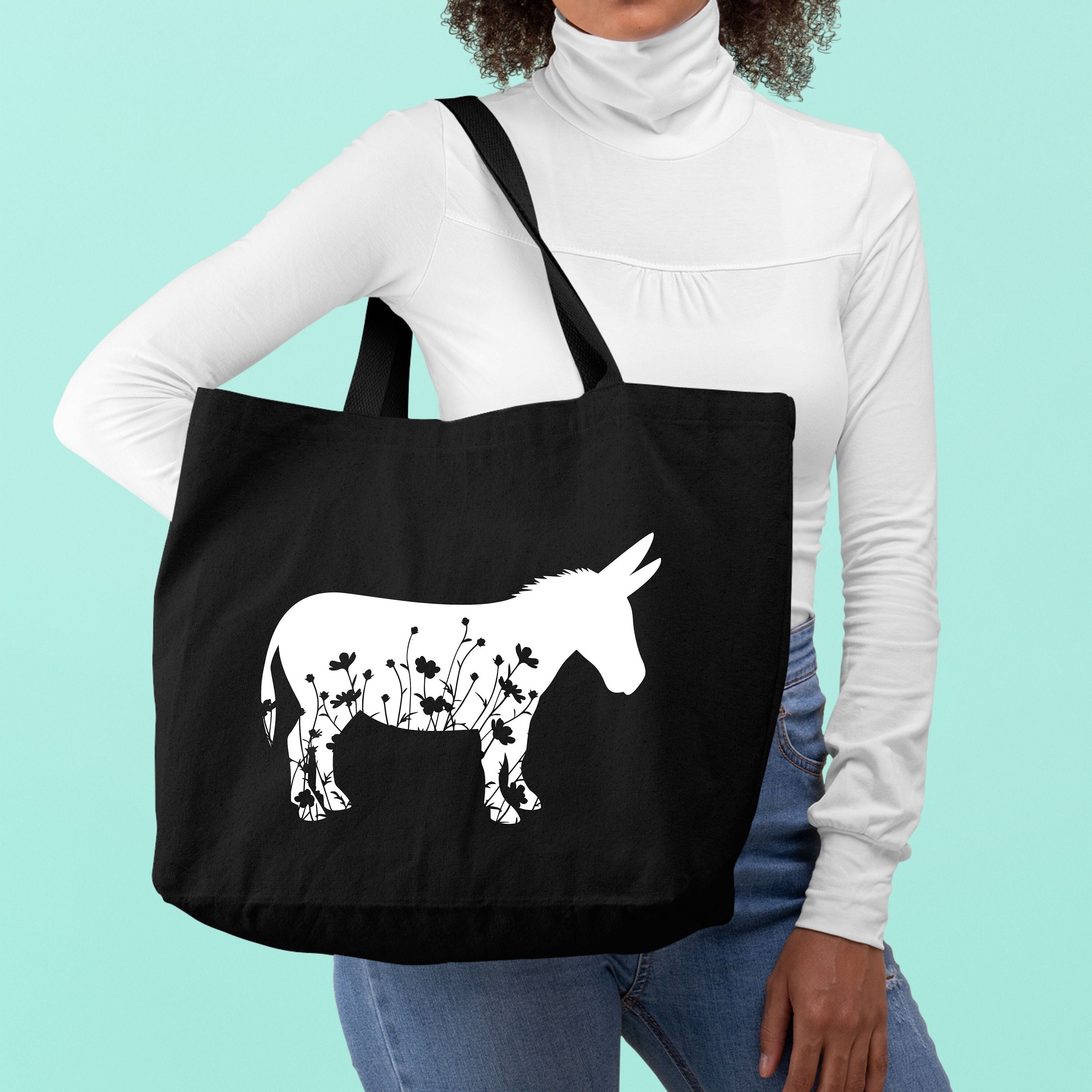 Floral Donkey Tote Bag,Cottagecore Gift,Farm Animal Tote Bag,Eco Friendly Grocery Bag,Farm Girl Gift,Canvas Shoulder Bag,Aesthetic Tote Bag