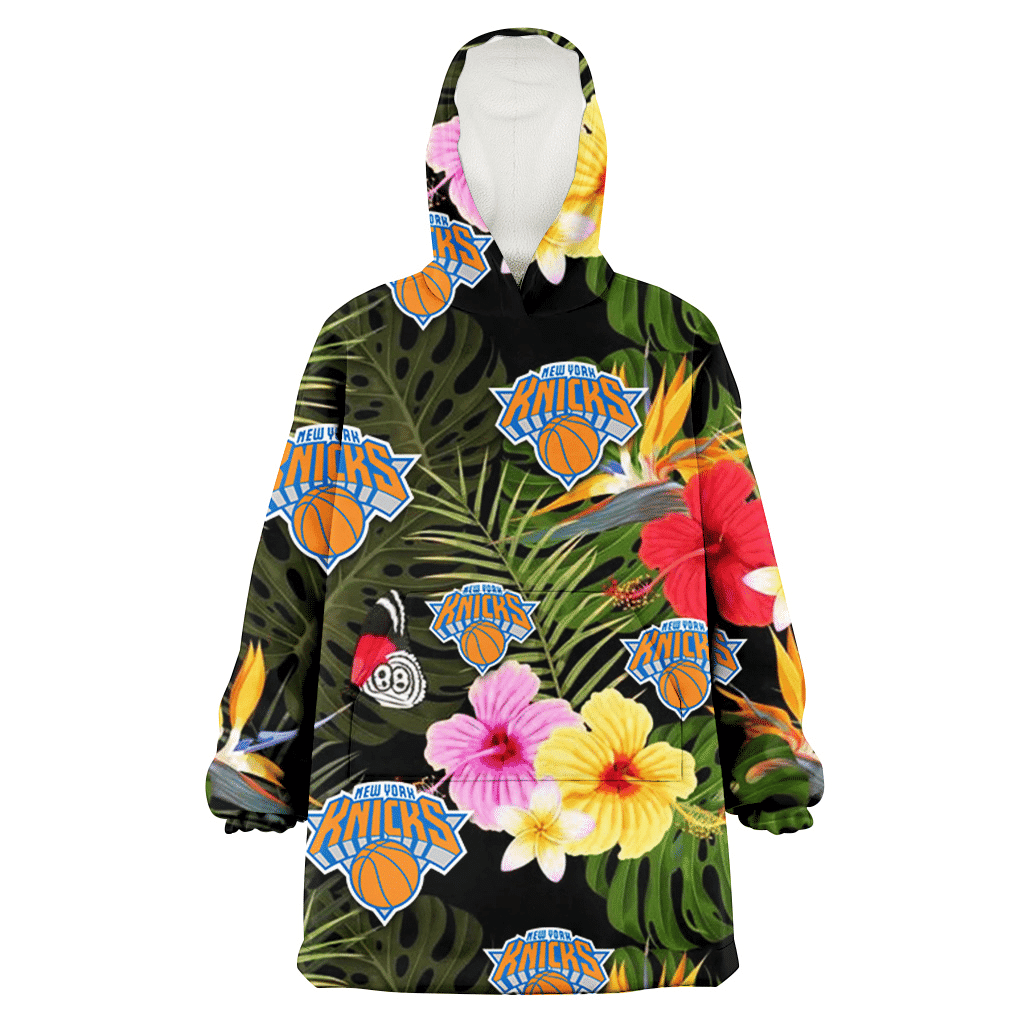 New York Knicks Colorful Hibiscus Green Leaf Back Background 3D Printed Hoodie Blanket Snug Hoodie