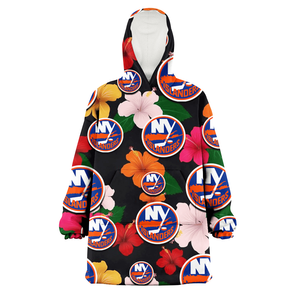 New York Islanders Pink Orange Yellow White Hibiscus Black Background 3D Printed Hoodie Blanket Snug Hoodie