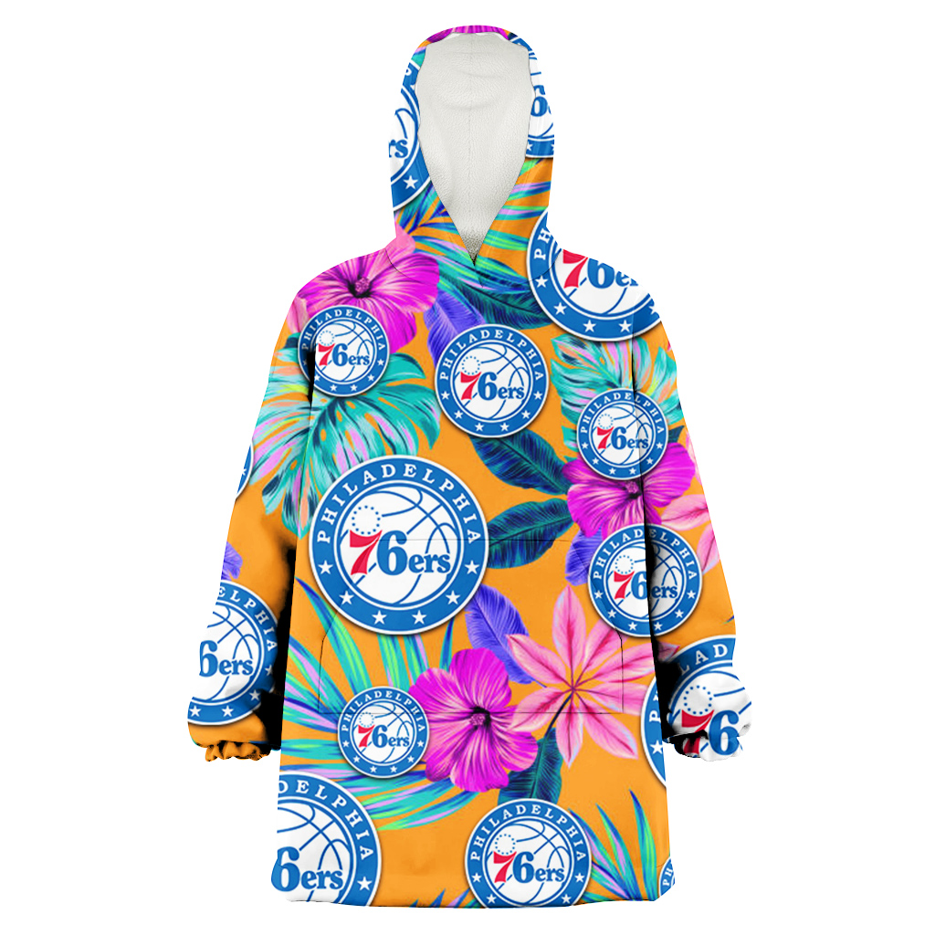 Philadelphia 76ers Purple Hibiscus Neon Leaf Orange Background 3D Printed Hoodie Blanket Snug Hoodie