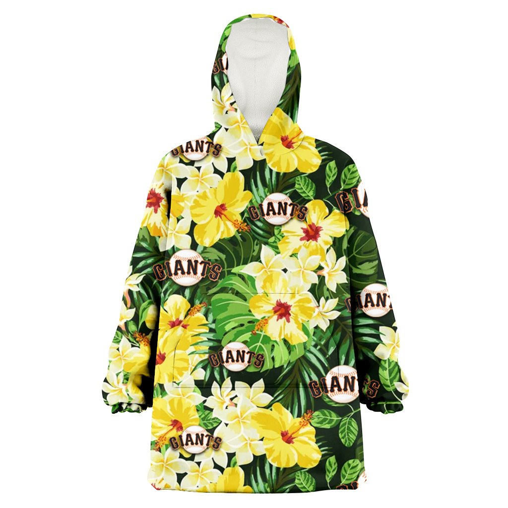 San Francisco Giants Yellow Hibiscus Tropical Green Leaf Black Background 3D Printed Hoodie Blanket Snug Hoodie