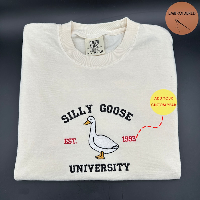 Embroidered Silly Goose University Crewneck T-Shirt, Y2K Style Embroidered Crewneck, Funny Shirt, Funny Gifts, Goose Comfort Colors Shirt