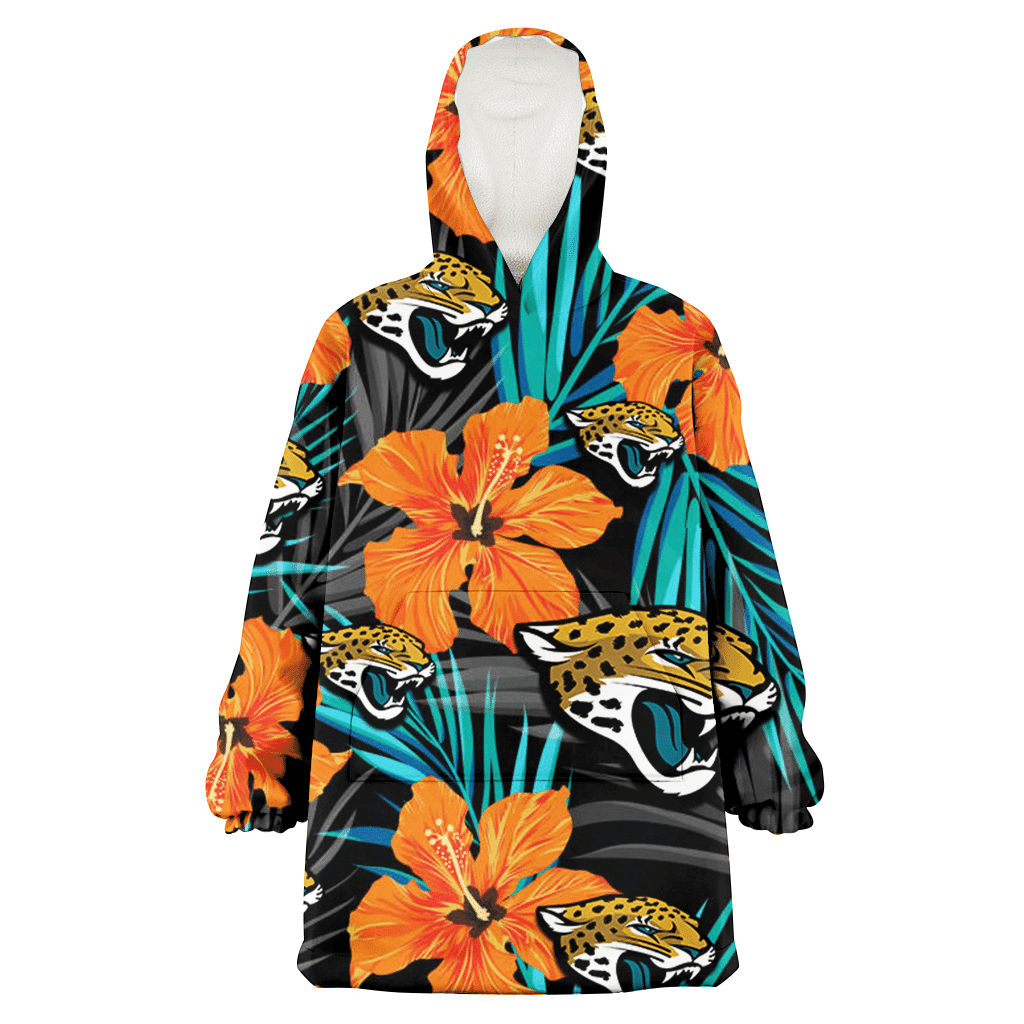 Jacksonville Jaguars Orange Hibiscus Blue Gray Leaf Black Background 3D Printed Hoodie Blanket Snug Hoodie