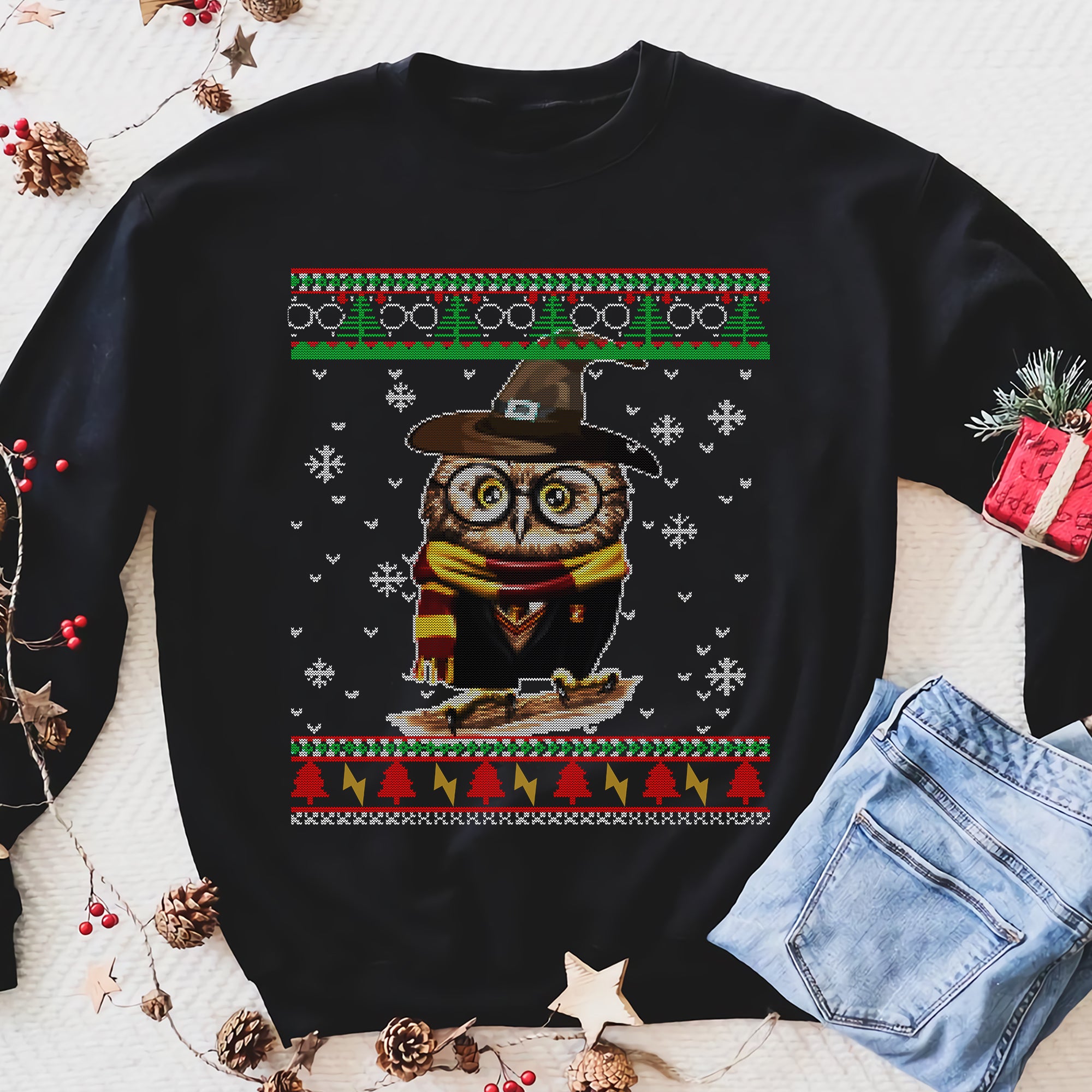 Funny Cute Owl Xmas Gift, Barn Owl Christmas Tree, Teacher Owl Christmas Classic Ugly Sweatshirt Unique Family Gift Idea