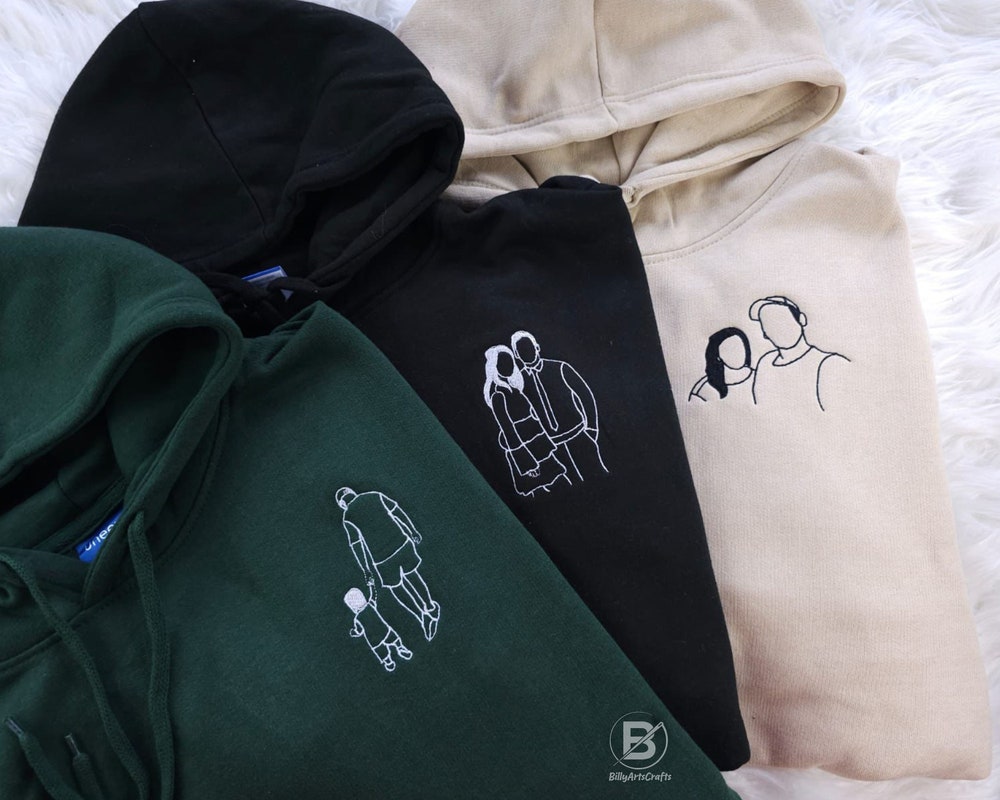 Embroidered Sketch Portrait Hoodies, Custom Outline Drawing Comfy Hoody, Personalised Couples Date On Sleeve Jumpers, Memorial Gifts For Him X Teechic Teecowboy
