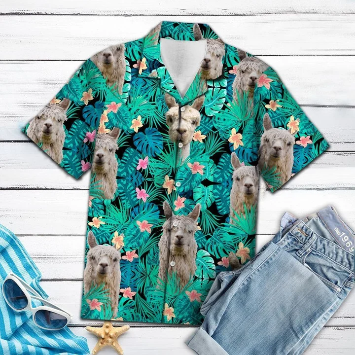 Simple Animal Love Alpacas Tropical Leaves Hawaiian Shirt