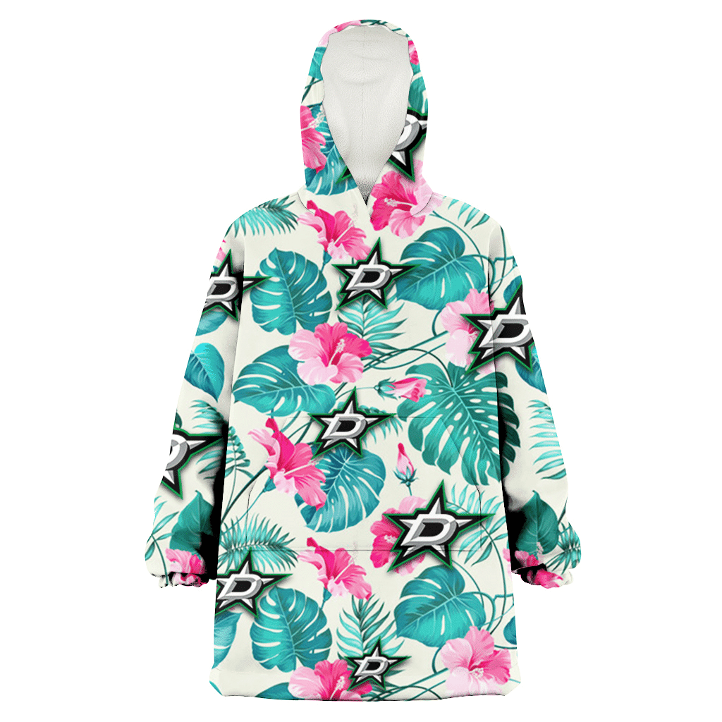 Dallas Stars Pink Hibiscus Green Leaf Beige Background 3D Printed Hoodie Blanket Snug Hoodie