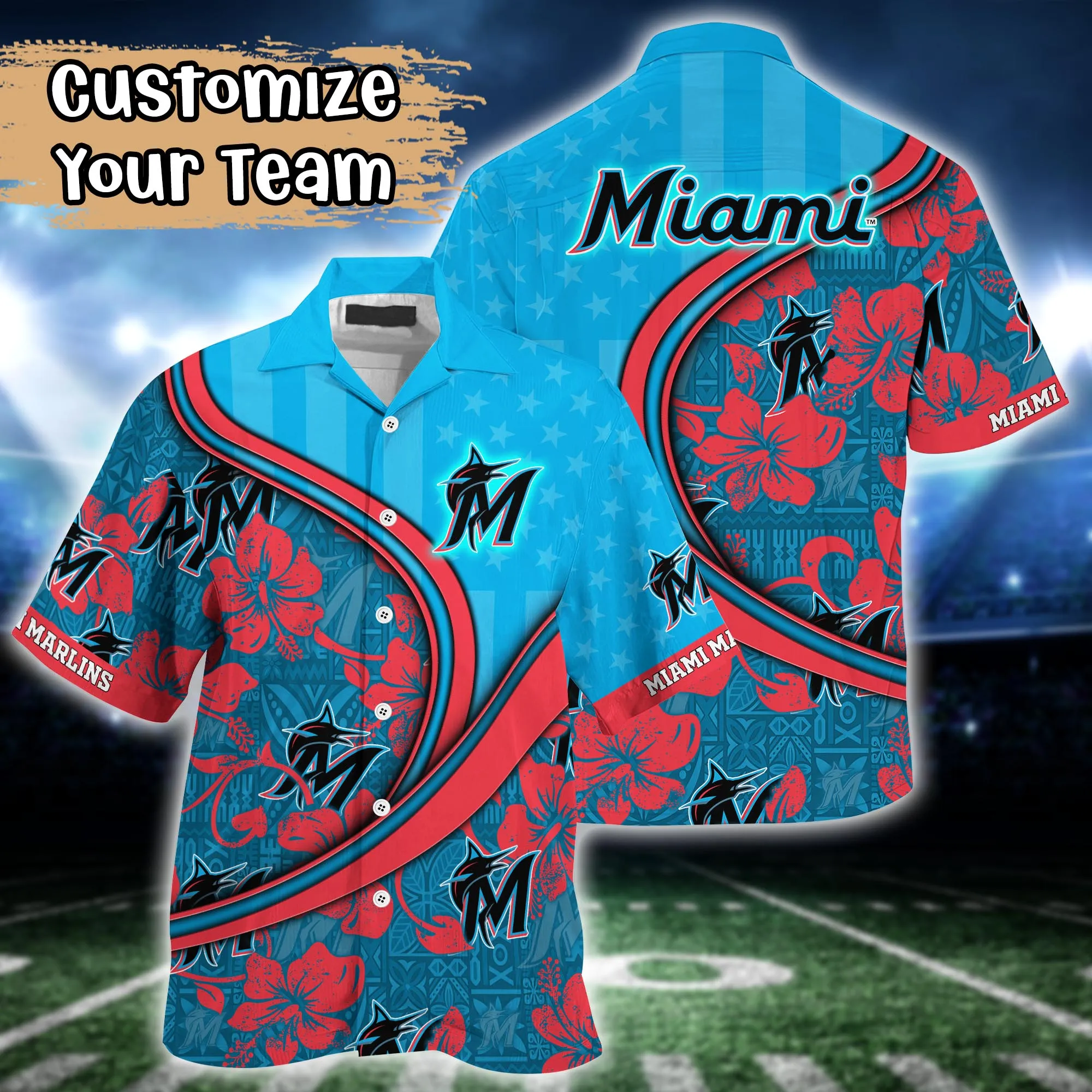 Miami Marlins Mlb Us Flag Hawaiian Shirt Custom Summer Aloha Shirt