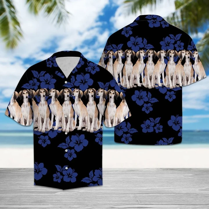 Saluki Dogs With Blue Hibiscus In Black Hawaiian Shirt