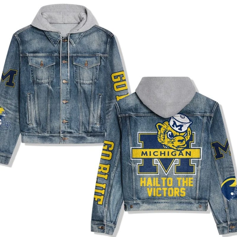 Michigan Wolverines NCAA Team Logo & Motto v4 3D Hooded Denim Jacket