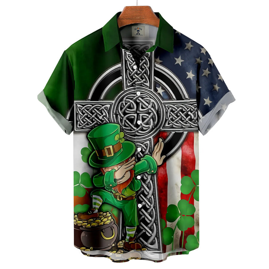 Men’S St. Patrick’S Day Fun Flag Panel Print Short Sleeve Hawaiian Shirt