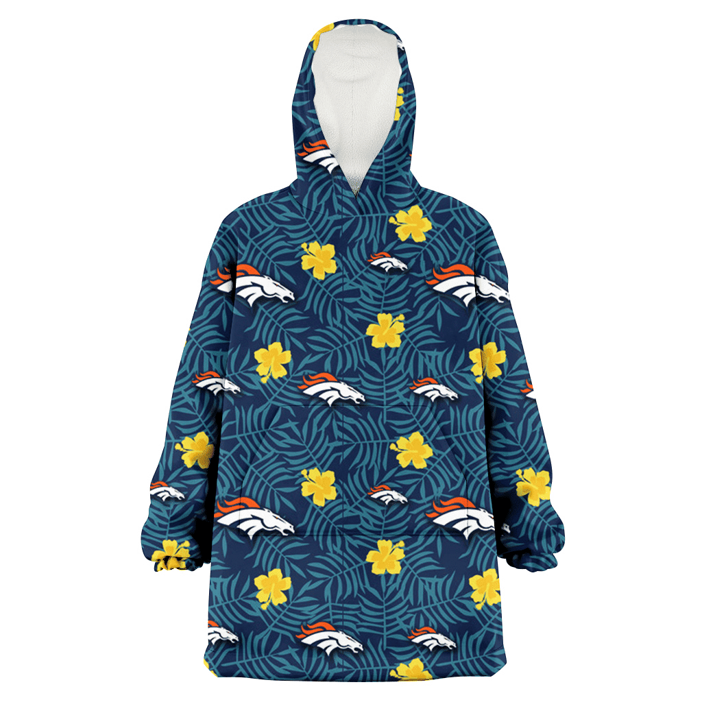 Denver Broncos Yellow Hibiscus Cadet Blue Leaf Navy Background 3D Printed Hoodie Blanket Snug Hoodie