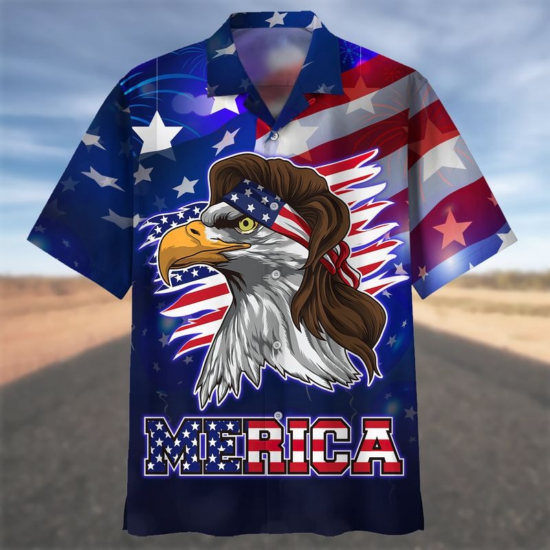 Coolspod Blue Merican Hawaiian Shirt With Eagle, Independence Day Hawaii Aloha Beach Shirt For Father