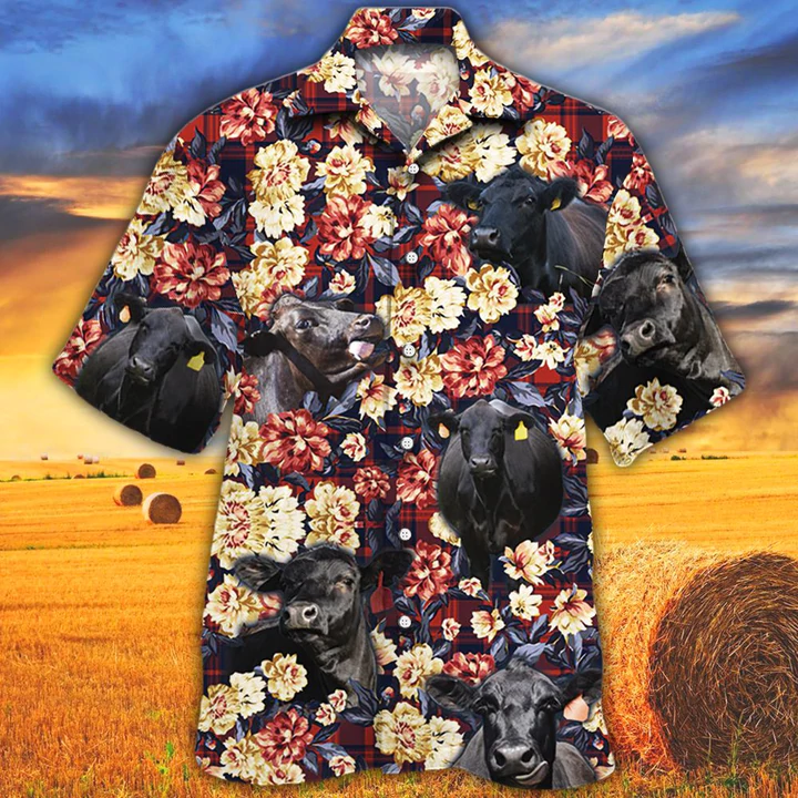 Cow Hawaiian Shirt, Summer Hawaiian Shirt, Animal Shirt, Black Angus Red Plaid Pattern Hawaiian Shirt