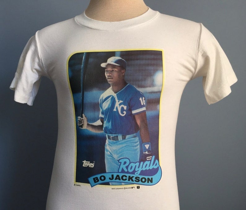 80S Vintage Bo Jackson Kansas City Royals 1989 Topps Cards Baseball T Shirt   Small