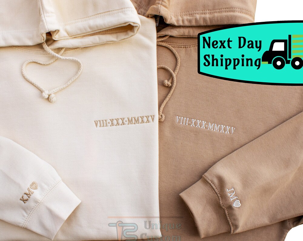 Anniversary Hoodie With Initials On Sleeve, Roman Numeral Hoodie, Wedding Date Embroidered Sweatshirts, Valentines Anniversary Gift For Him X Peckshirt Hoodiegen