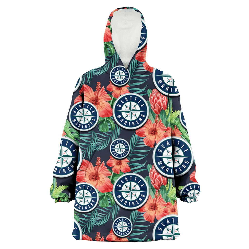 Seattle Mariners Orange Hibiscus Green Tropical Leaf Dark Background 3D Printed Hoodie Blanket Snug Hoodie