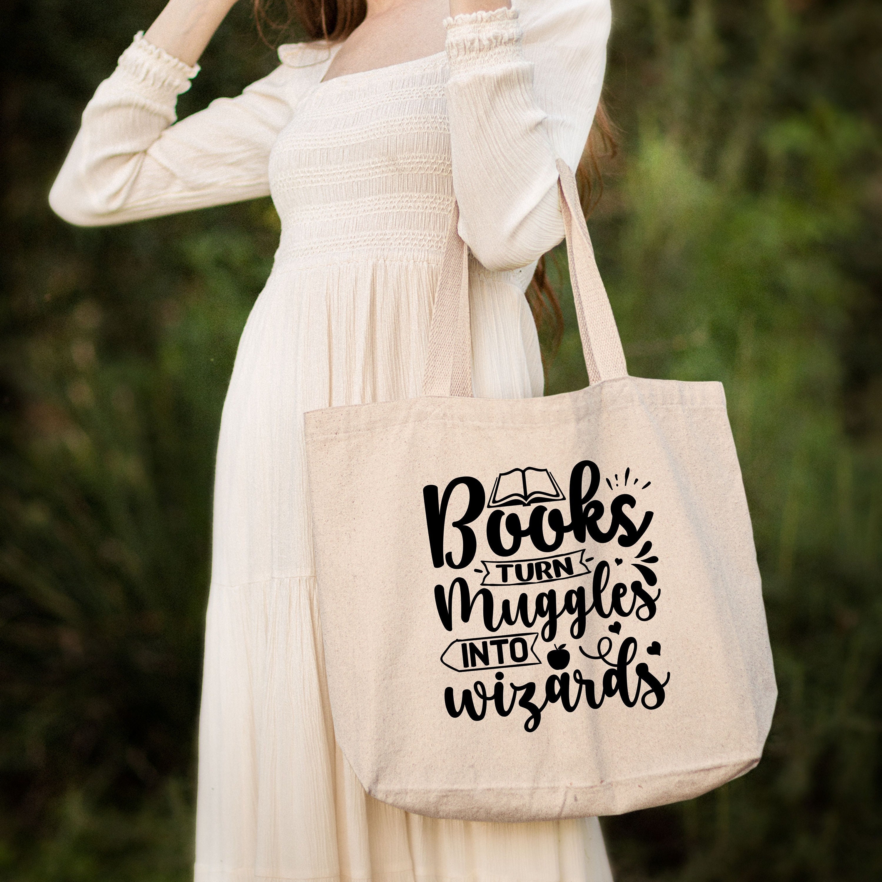 Books Turn Muggles Into Wizards Tote Bag,Book Lover Gift,School Student Teacher Canvas Tote Bag,Librarian Book Nerd Gift,Funny Tote Bag