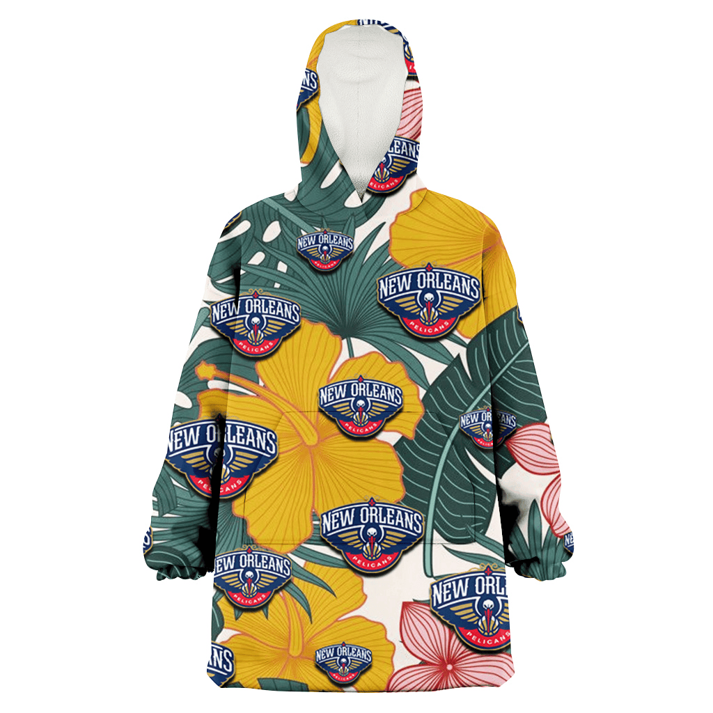 New Orlean Pelicans Yellow Hibiscus Green Banana Leaf Pink Porcelain Flower 3D Printed Hoodie Blanket Snug Hoodie