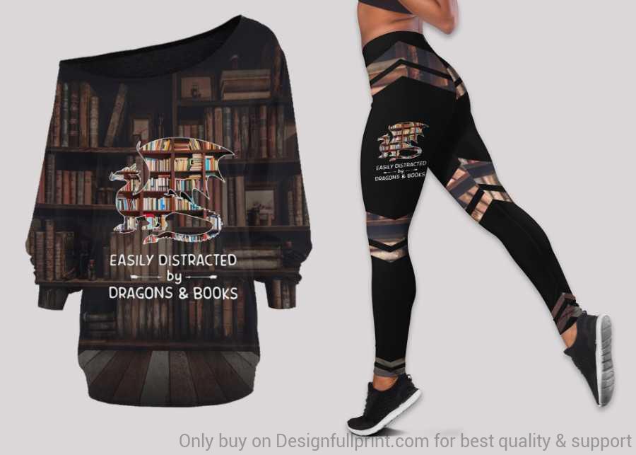 Gift For Book Lover Easily Distracted By Dragons And Books Off Shoulder Long Sleeves Top And Leggings Set Toughguides