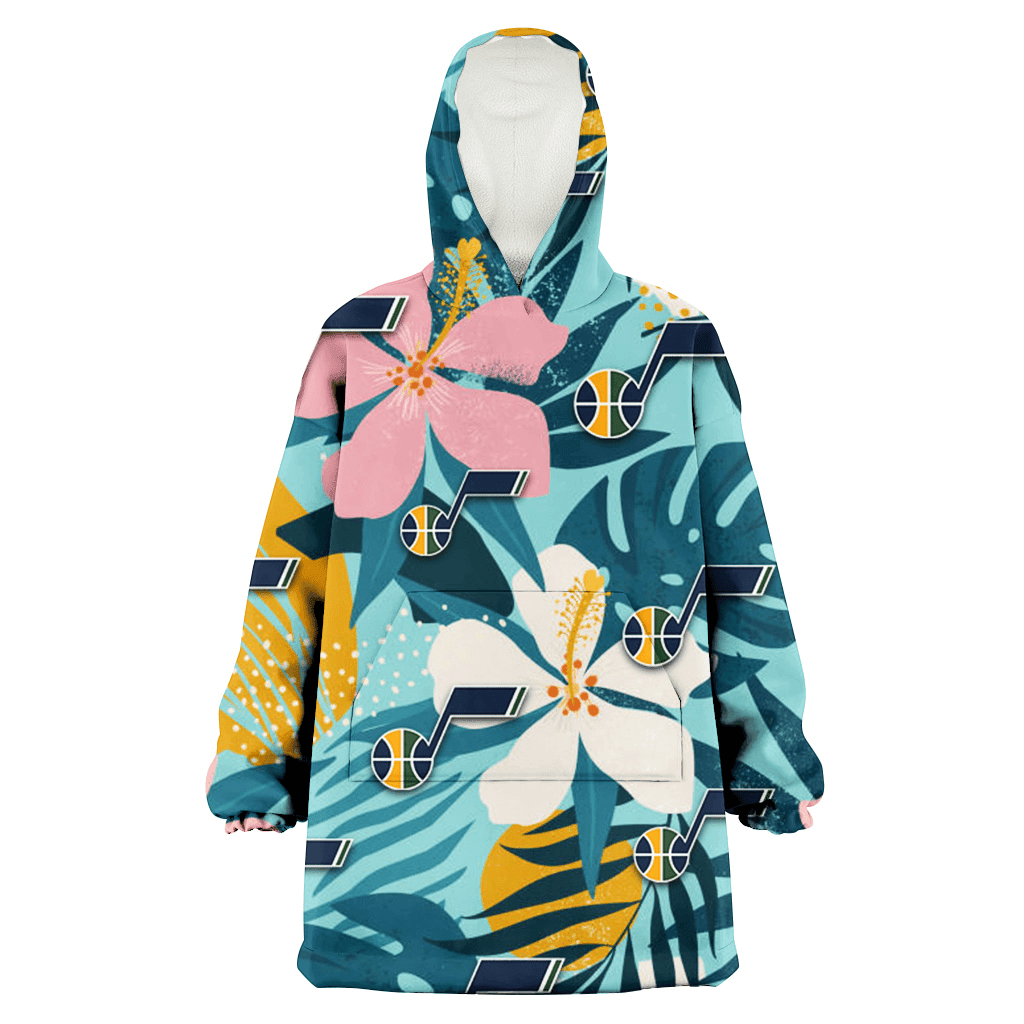 Utah Jazz Pastel Color Hibiscus Tropical Leaves Light Green Background 3D Printed Hoodie Blanket Snug Hoodie