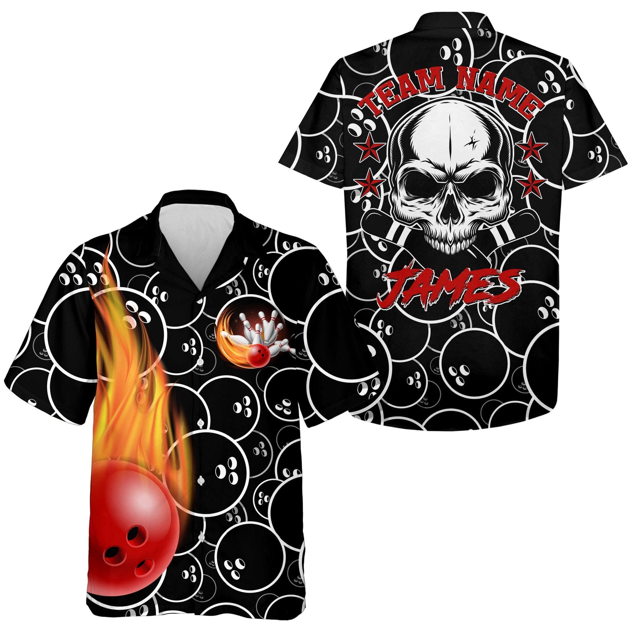 Personalized Flame Hawaiian Bowling Shirt, Men Women Skull Pins Black Bowlers Short Sleeve Jersey