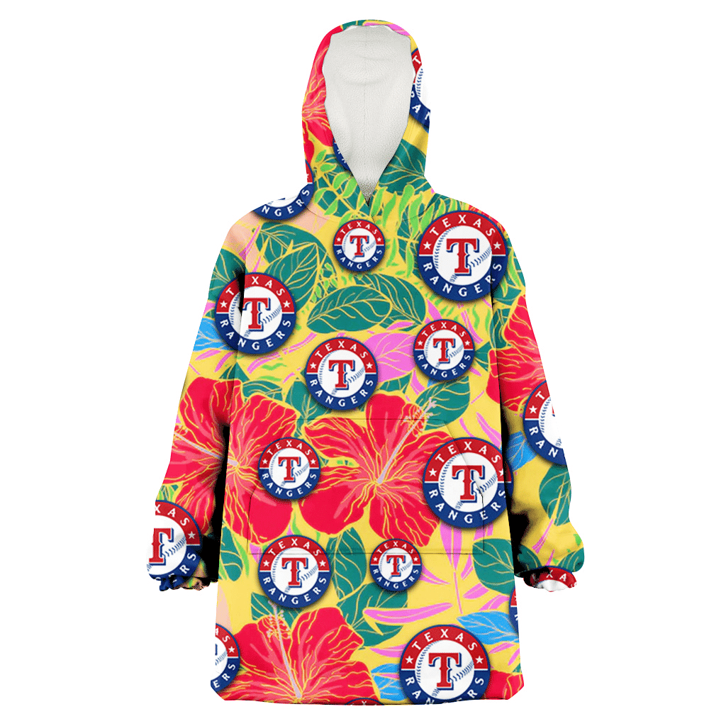 Texas Rangers Red Hibiscus Green Blue Leaf Yellow Background 3D Printed Hoodie Blanket Snug Hoodie