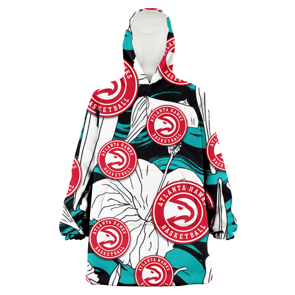 Atlanta Hawks White Hibiscus Turquoise Wave Black Background 3D Printed Hoodie Blanket Snug Hoodie