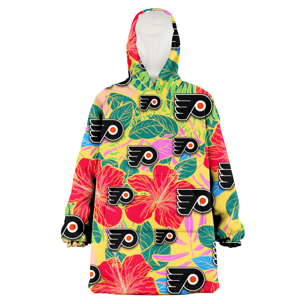 Philadelphia Flyers Red Hibiscus Green Blue Leaf Yellow Background 3D Printed Hoodie Blanket Snug Hoodie