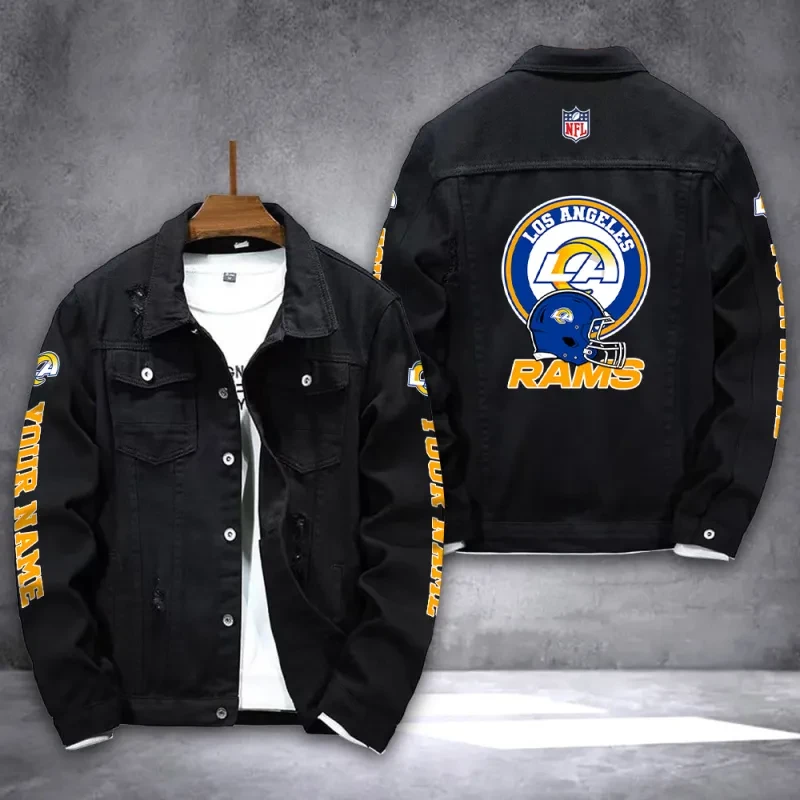 Los Angeles Rams NFL Team Name Personalized Sleeve Back Logo Black Denim Jacket