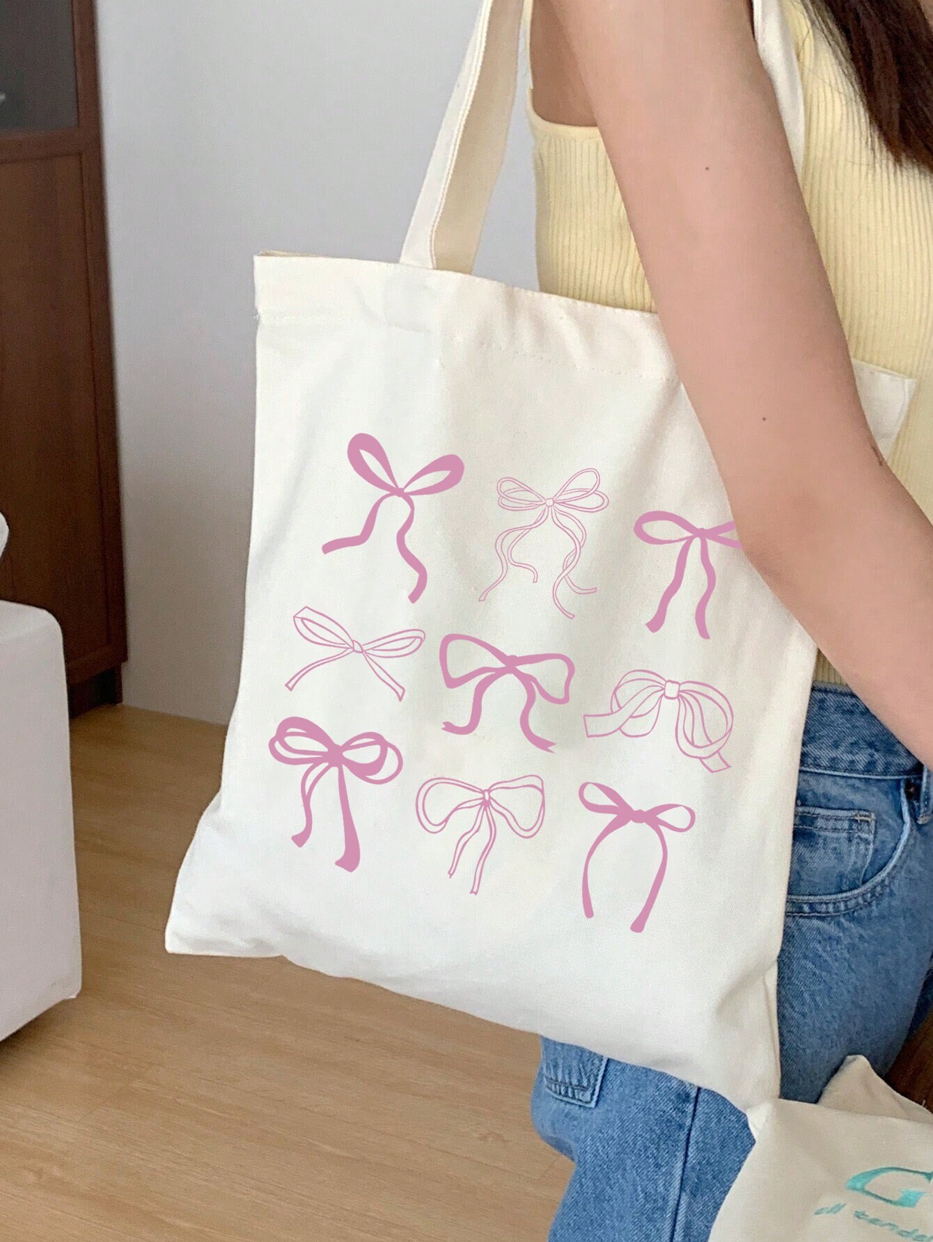 Pink Bow Cotton Canvas Tote Bag // Trendy Coquette Tote Bag // Sustainable Farmer’s Market Tote // Reusable Grocery Bag