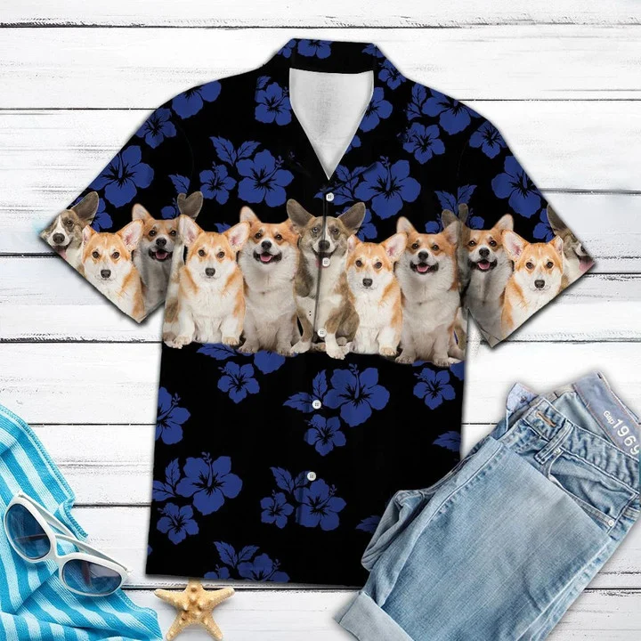 Awesome Pembroke Welsh Corgi Tropical Hibiscus On Black Pattern Hawaiian Shirt