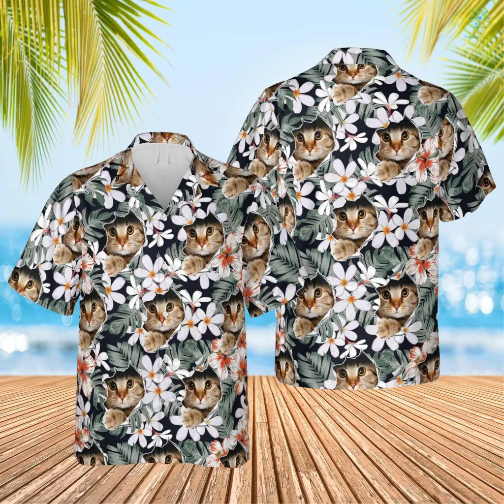 Tropical Nature Flower Leaves Hawaiian Custom Image Cat Summer Shirt Beach Hawaiian Shirt, Summer Shirt For Men Women