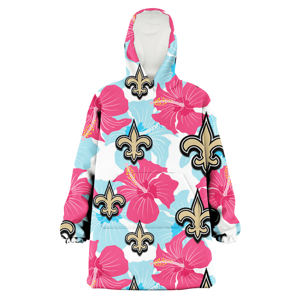 New Orleans Saints Pink Blue Hibiscus White Background 3D Printed Hoodie Blanket Snug Hoodie