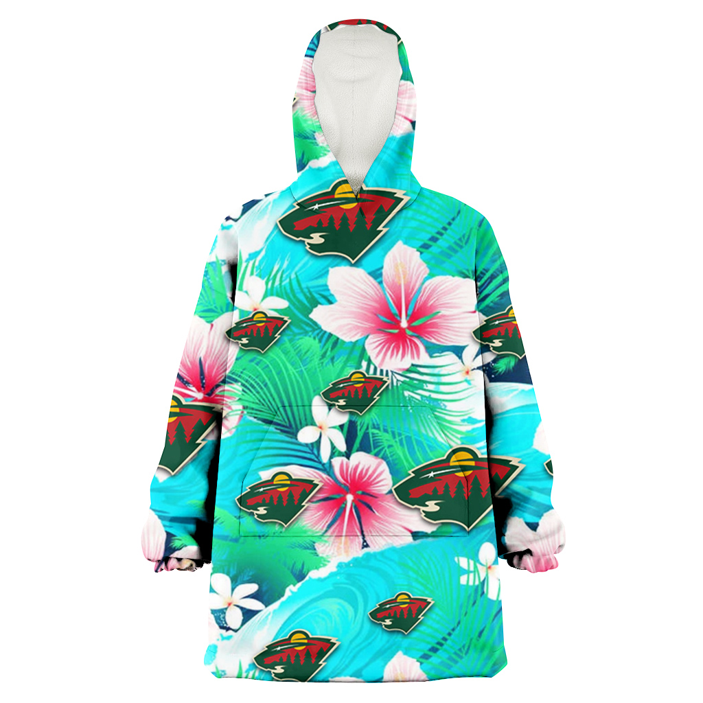 Minnesota Wild Pink Hibiscus Green Leaf Blue Background 3D Printed Hoodie Blanket Snug Hoodie