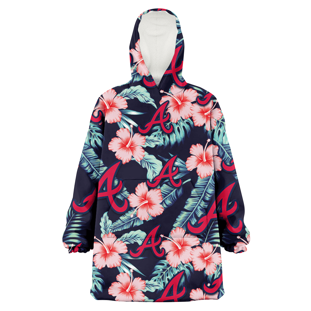 Atlanta Braves Coral Hibiscus Green Banana Leaf Black Background 3D Printed Hoodie Blanket Snug Hoodie