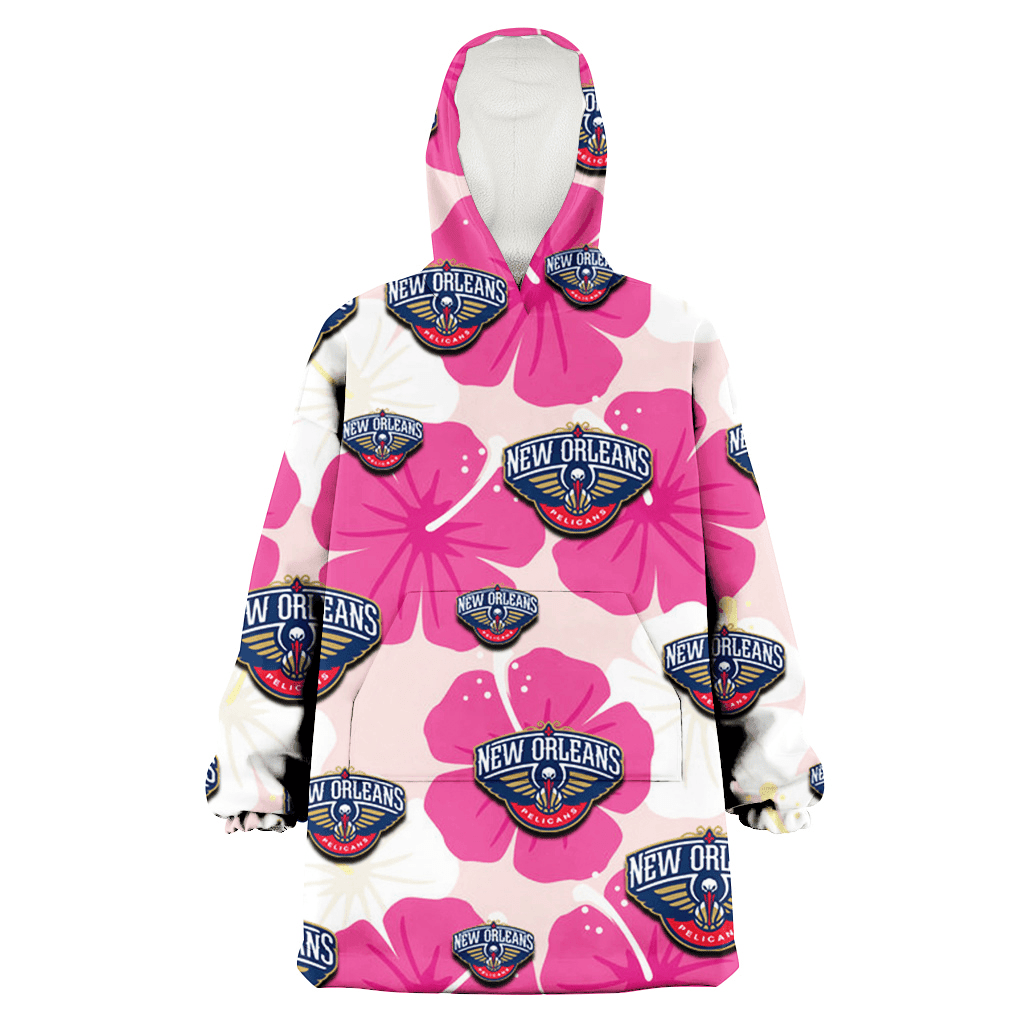 New Orlean Pelicans Pink White Hibiscus Misty Rose Background 3D Printed Hoodie Blanket Snug Hoodie