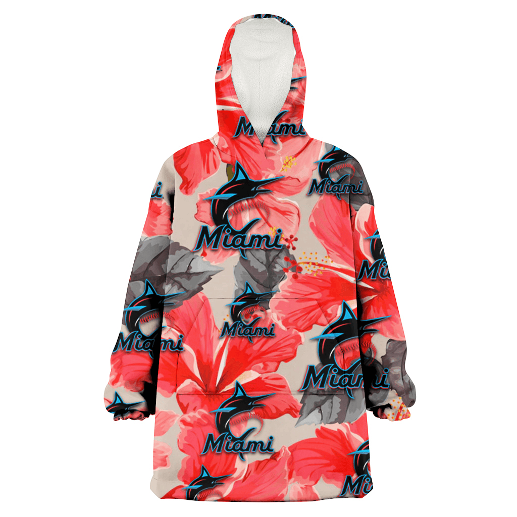 Miami Marlins Red Hibiscus Gray Leaf Beige Background 3D Printed Hoodie Blanket Snug Hoodie