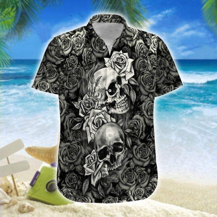 Black And White Skull Roses 3D Hawaiian Shirt For Men, Skull Hawaiian Aloha Shirt