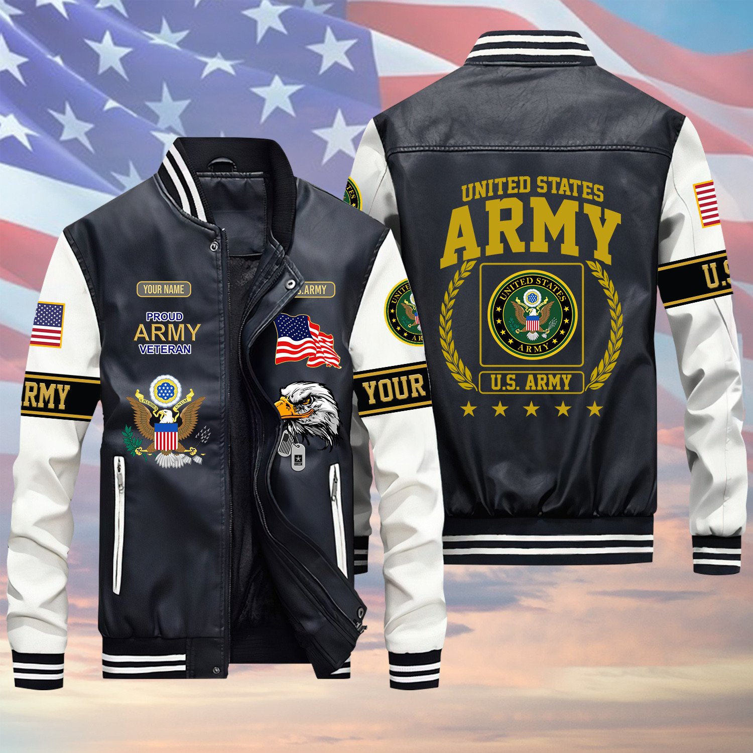 US Army Veteran Seal Logo Laurel Wreath V2 Green Winter Gear Leather Bomber Leterman Varsity Jacket