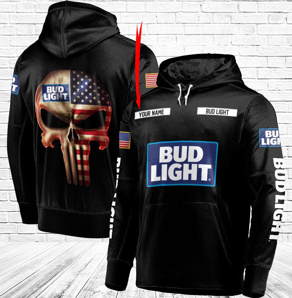Personalized Black Usa Flag Skull Bud Light Hoodie