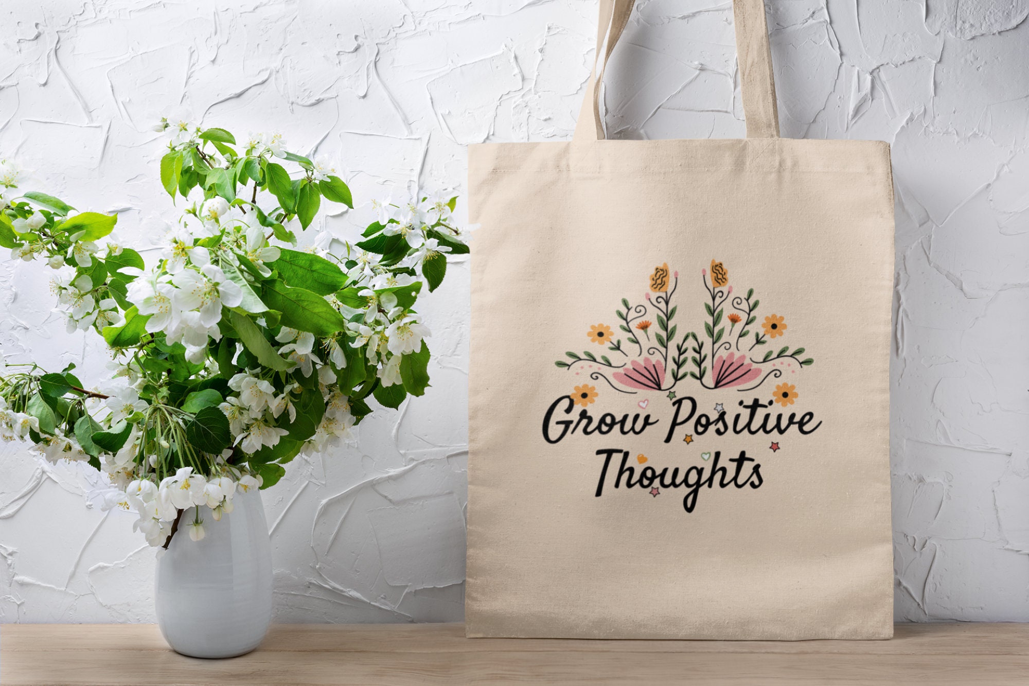 Grow Positive Thought Canvas Tote Bag | Wildflower Bag | Vintage bag | Boho Tote | Sustainable Bag | Shopping Bag | School Bag | Gift Bag