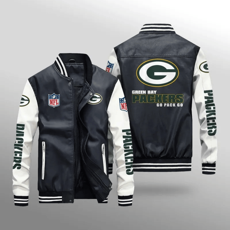 Green Bay Packers NFL Team Personalized Name Back Logo Leather Bomber Jacket