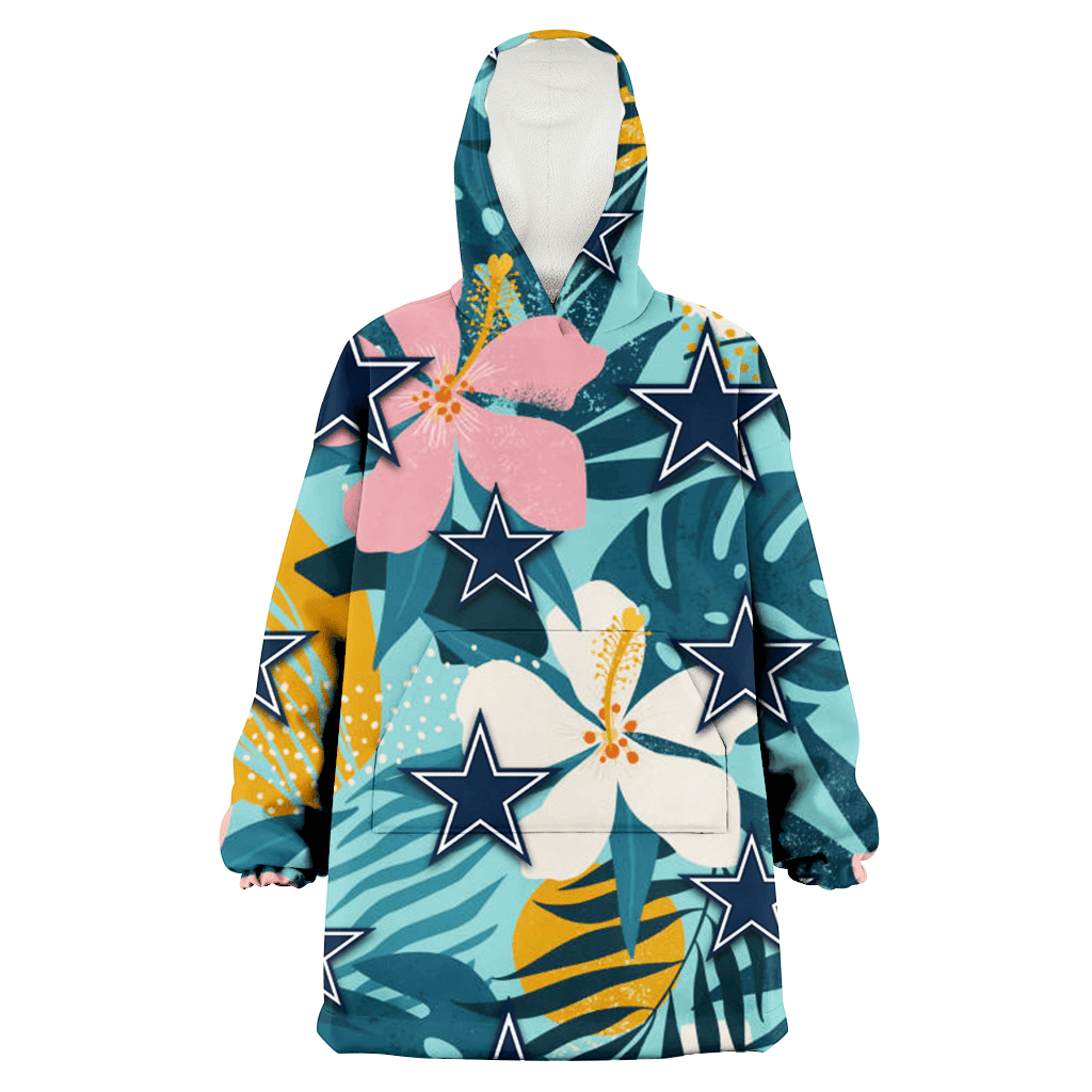Dallas Cowboys Pastel Color Hibiscus Tropical Leaves Light Green Background 3D Printed Hoodie Blanket Snug Hoodie