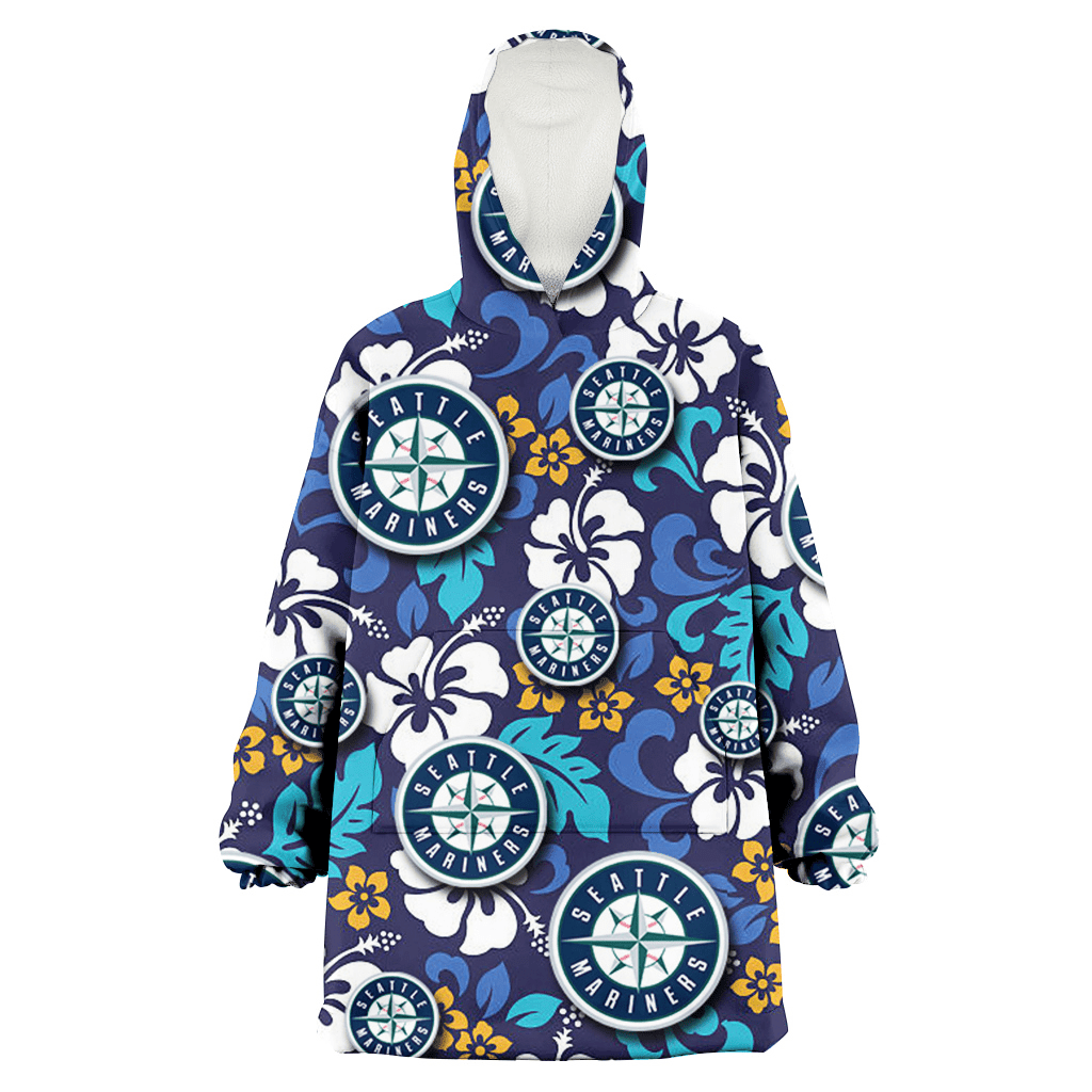 Seattle Mariners White Hibiscus Ceramic Style Navy Background 3D Printed Hoodie Blanket Snug Hoodie